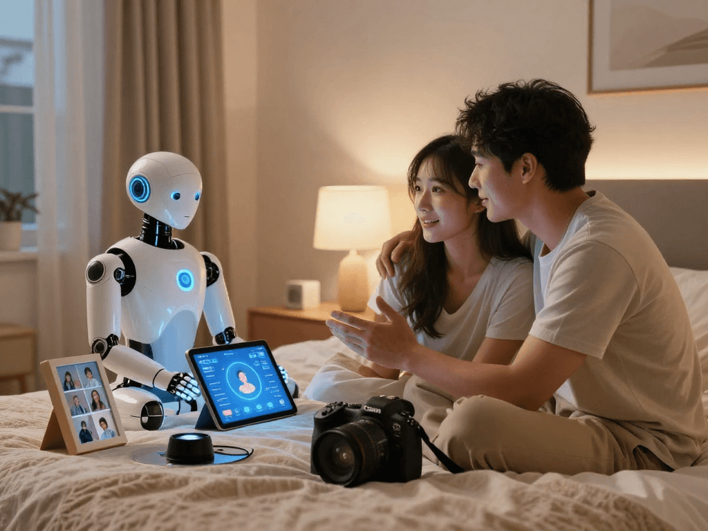 Couple enjoying ai sex interaction with humanoid AI companion in a cozy bedroom.