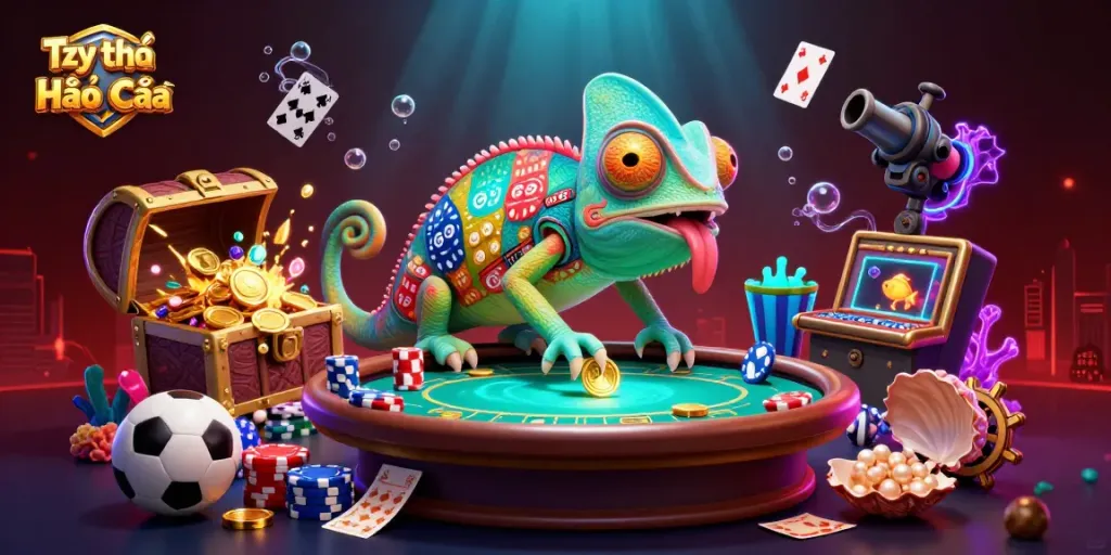 Tỷ lệ Kèo Nhà Cái is represented by a colorful chameleon casino owner engulfed in vibrant gaming elements.