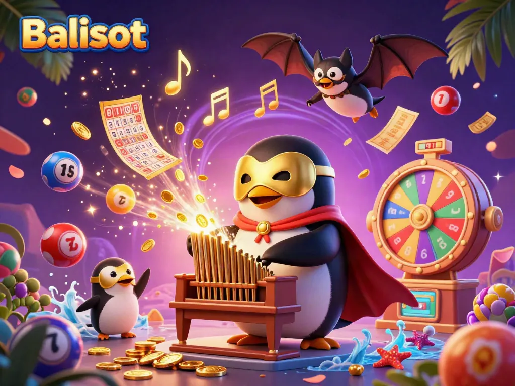 Balislot gaming scene showcases a cartoon penguin playing a golden organ amid vibrant casino elements