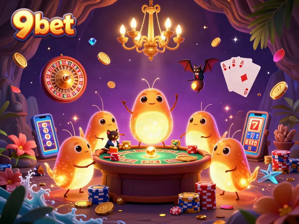 Experience the magic with 9 bet's vibrant casino scene, where glowing creatures bring the excitement to life!