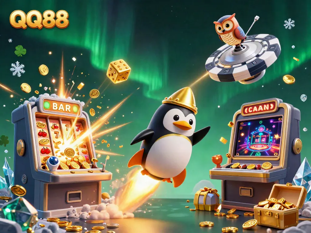 Join the QQ88 penguin on a vibrant space adventure filled with golden coins, slots, and jackpots.