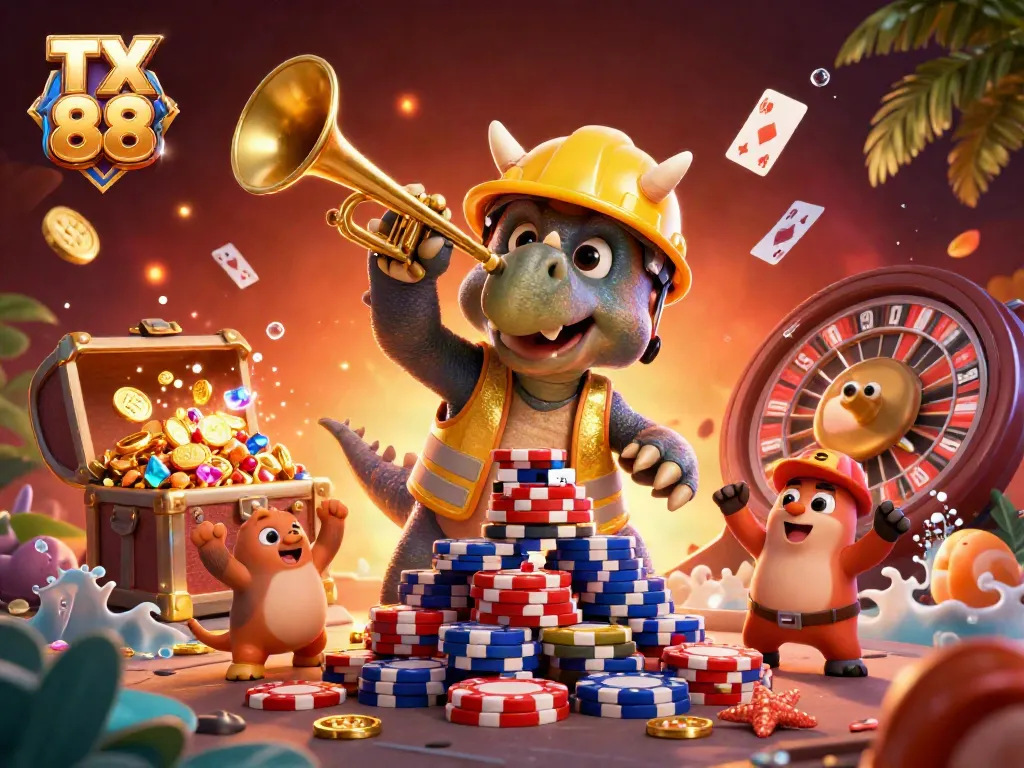 Engage in exciting gaming adventures with TX 88 as cartoon characters celebrate around casino elements.