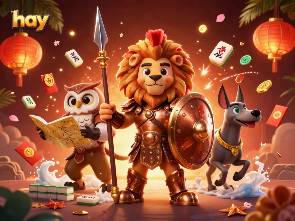 Engage in strategic gaming at hay with a vibrant 3D illustration showcasing a lion, owl, and greyhound.