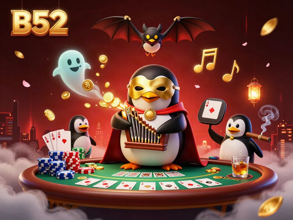 Enjoy the thrilling B52 casino experience with the penguin and synchronized bat in a vibrant 3D render.