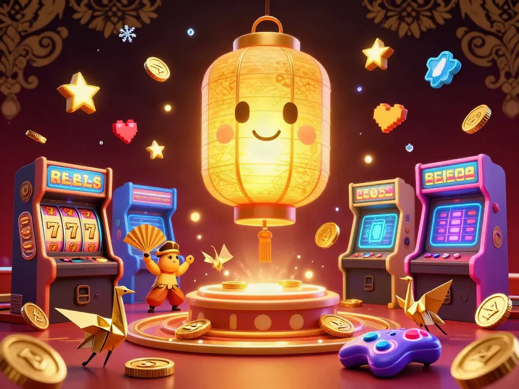 Experience thrilling wins at xo88 with vibrant golden lanterns and exciting slot machines lighting the night.