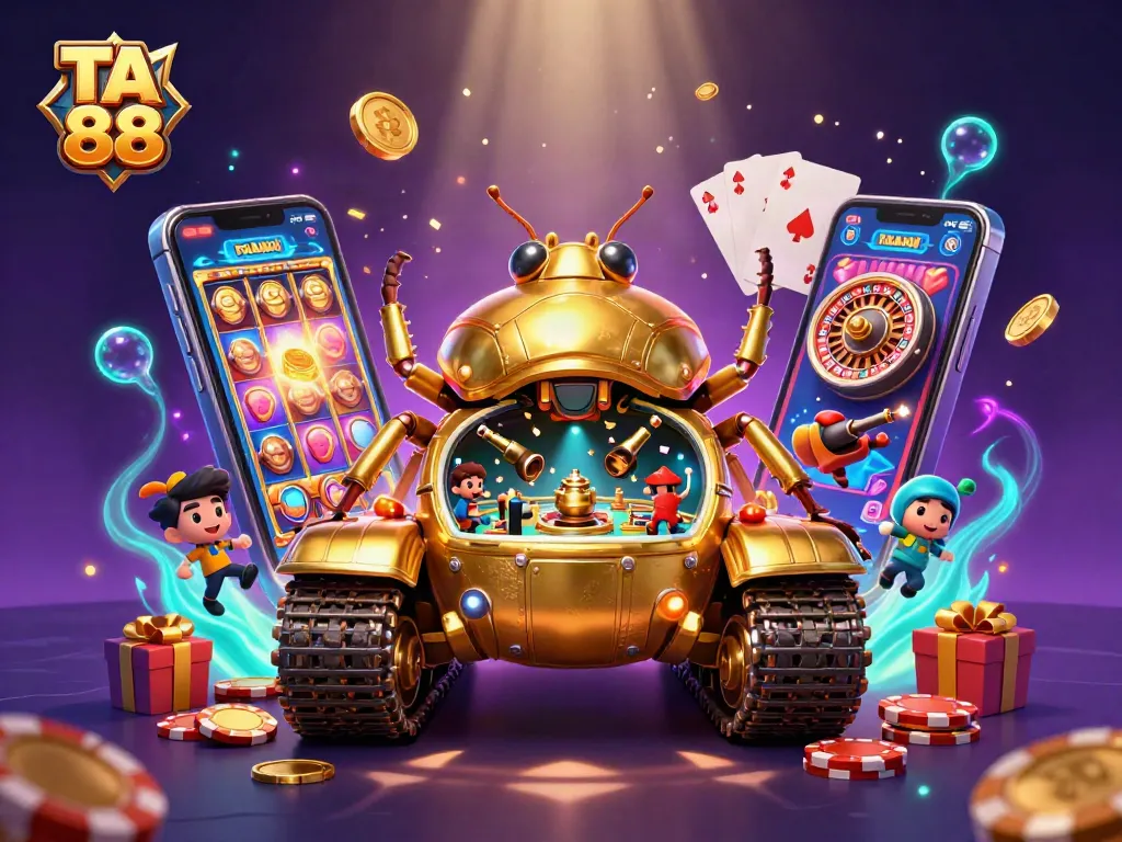Engage with TA 88's vibrant casino-themed 3D scene featuring dynamic gaming elements.