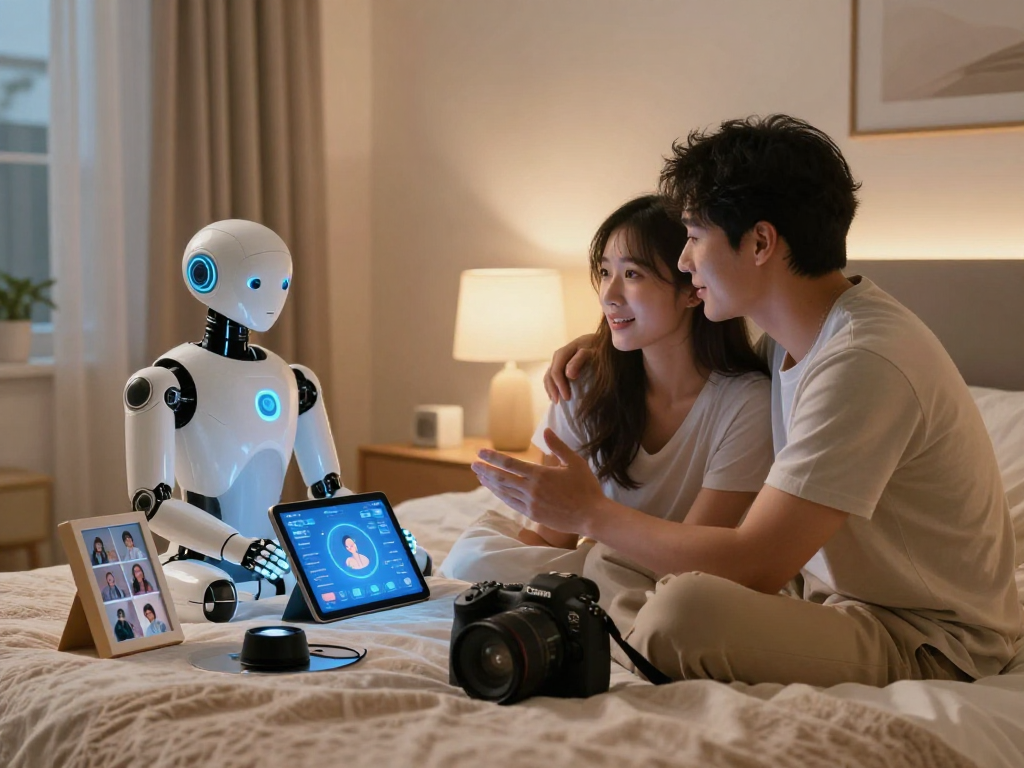 Couple enjoying ai sex interaction with humanoid AI companion in a cozy bedroom.