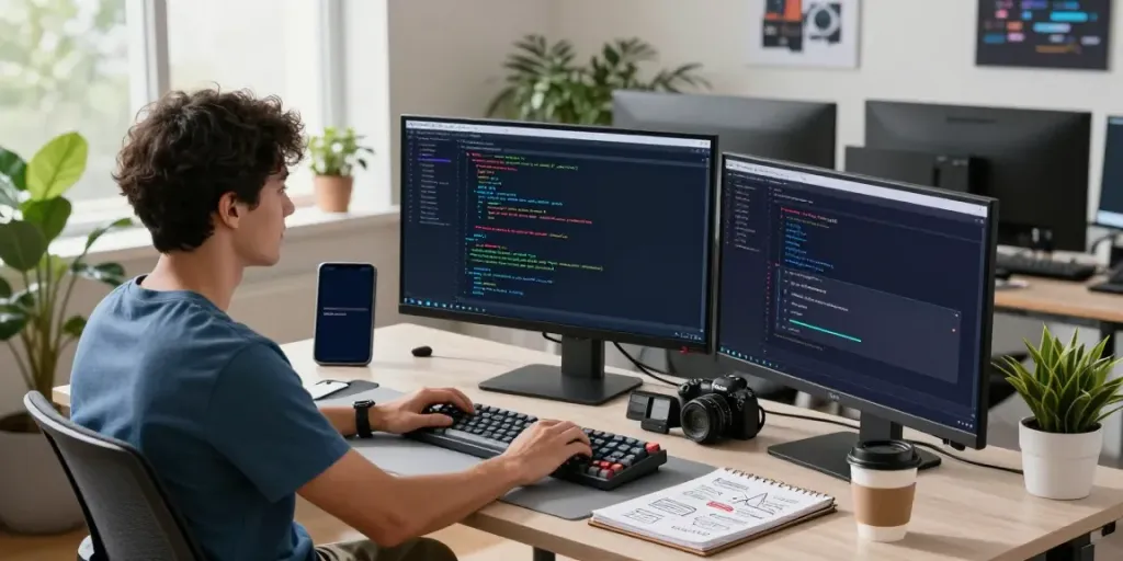 Developer using instant indexing in a modern tech workspace with dual monitors.