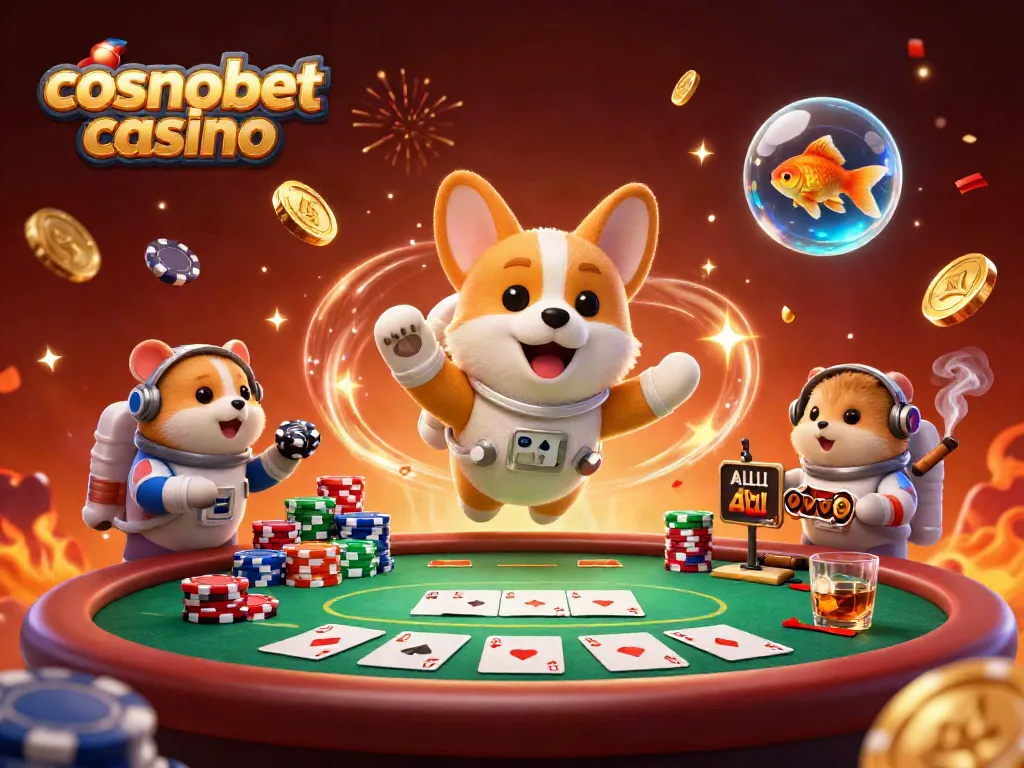 Experience the thrills of cosmobet casino with an astronaut corgi and vibrant casino elements in a zero-gravity scene.