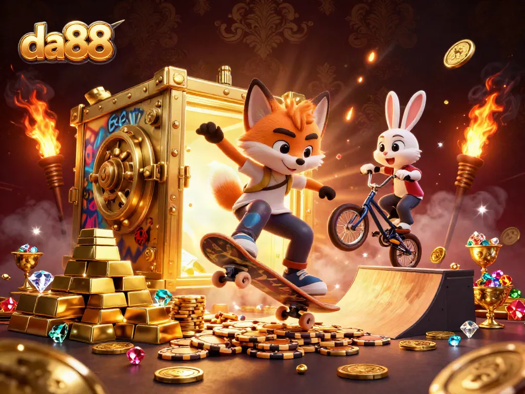 Engage with da88 by exploring thrilling games and vibrant casino action in a lively 3D illustration.
