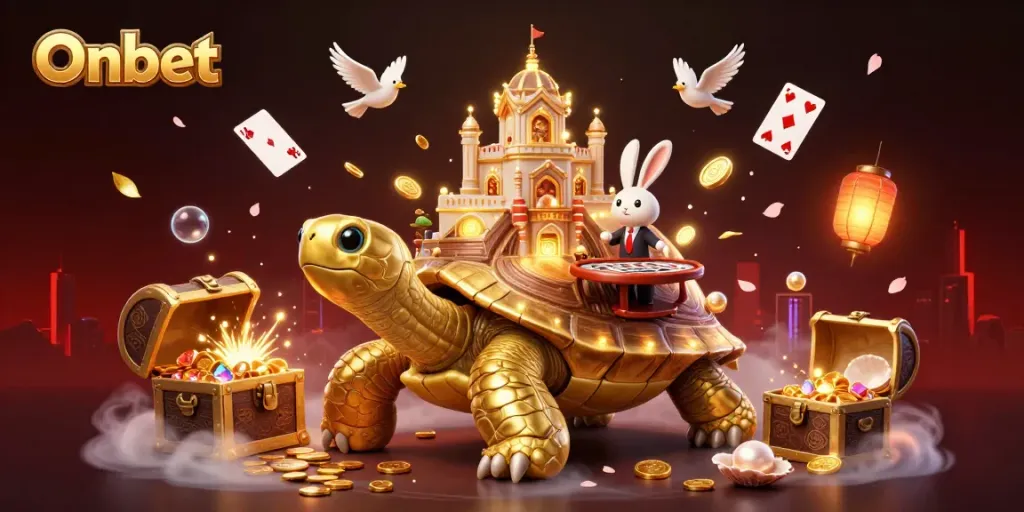 Experience Onbet's thrilling casino atmosphere with a golden tortoise and a rabbit dealer amidst vibrant gambling elements.