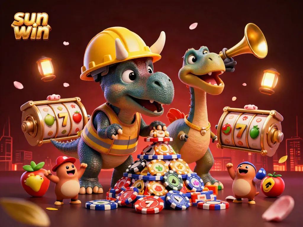 Experience the excitement of sun win with a colorful triceratops and festive casino elements in a vibrant 3D illustration.