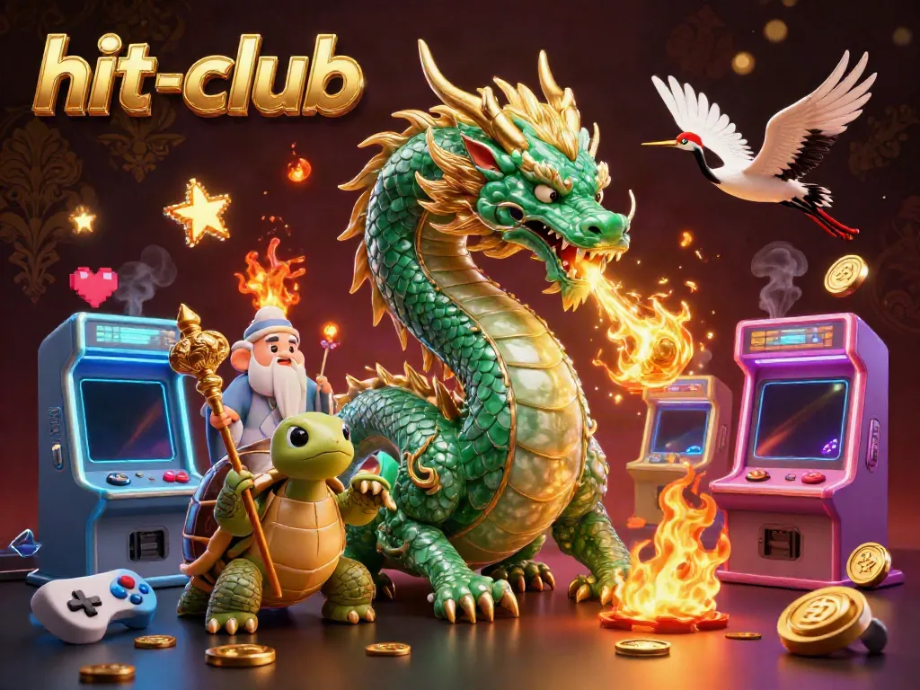Experience the excitement of gaming at hit-club with a dragon and colorful casino elements in 3D.