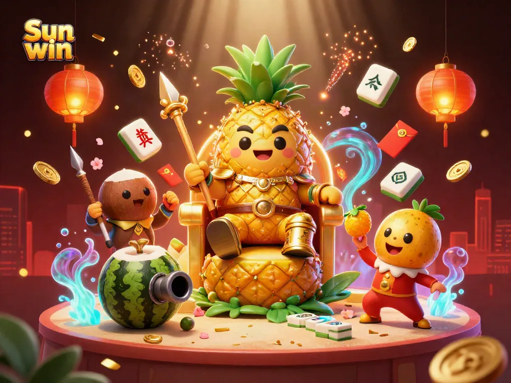 Sun win offers exciting gaming action with the golden pineapple king and tropical characters in a vibrant casino scene.
