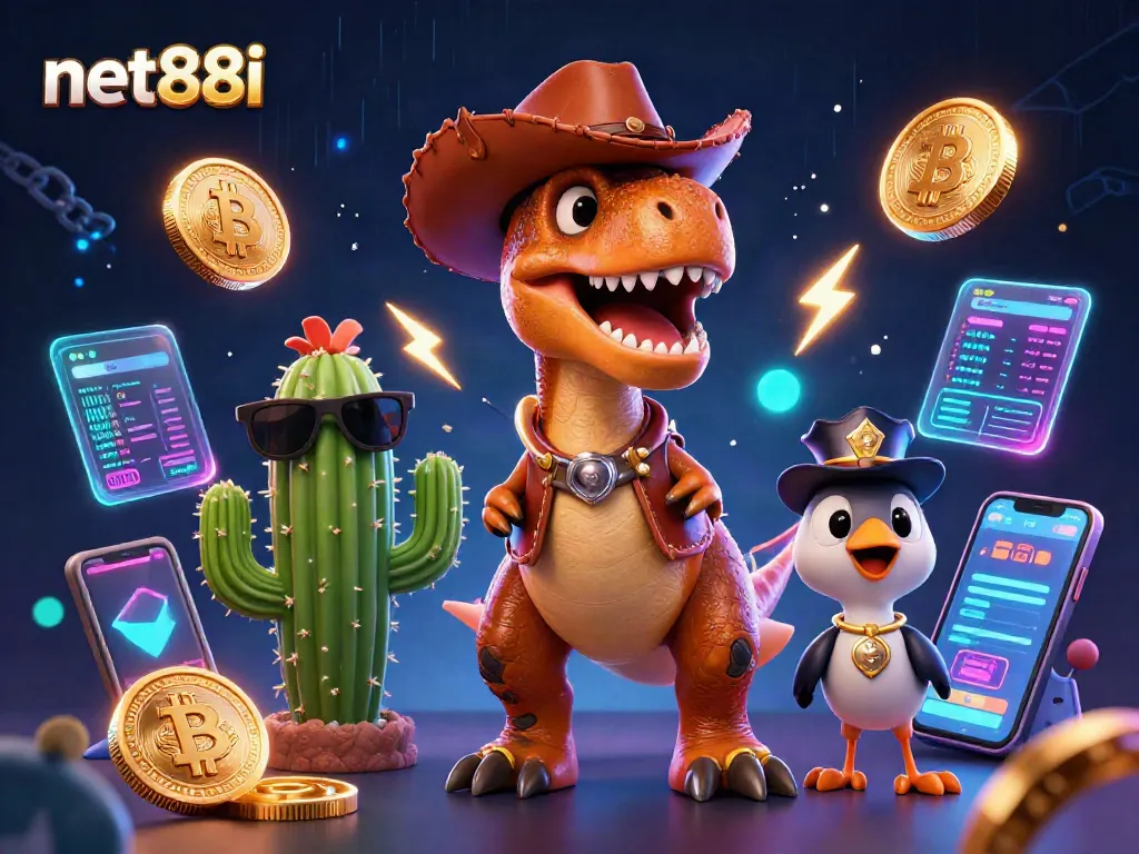 Engage in thrilling gaming at Net88i, featuring vibrant characters and crypto-themed casino elements.