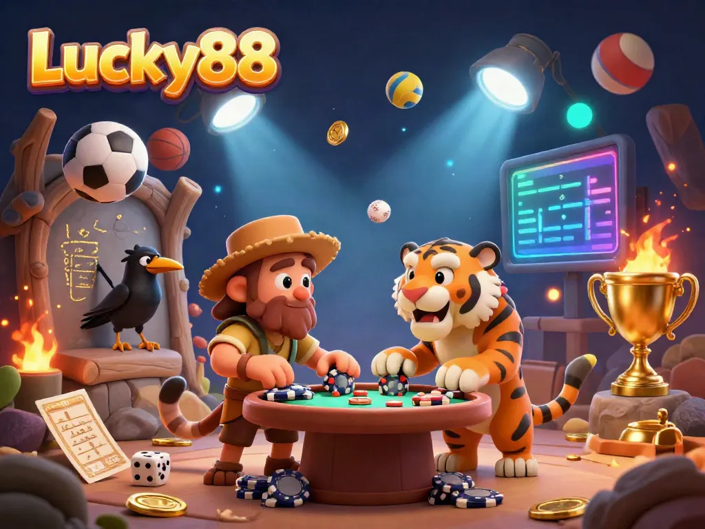 Engaging gaming scene featuring Lucky88 with cartoon caveman and tiger in a dynamic casino atmosphere.