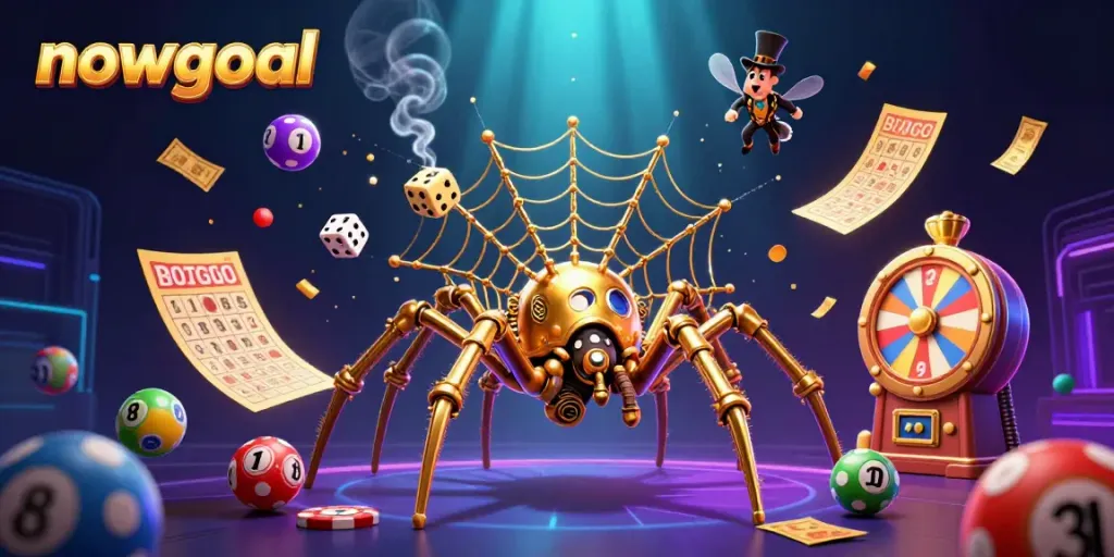 Engage with Nowgoal's immersive gaming experience featuring vibrant lottery elements and a whimsical steampunk scene.