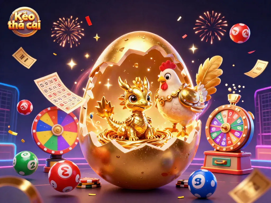 Kèo nhà cái showcases a colorful golden egg unveiling a crystalized dragon amidst vibrant gambling elements.