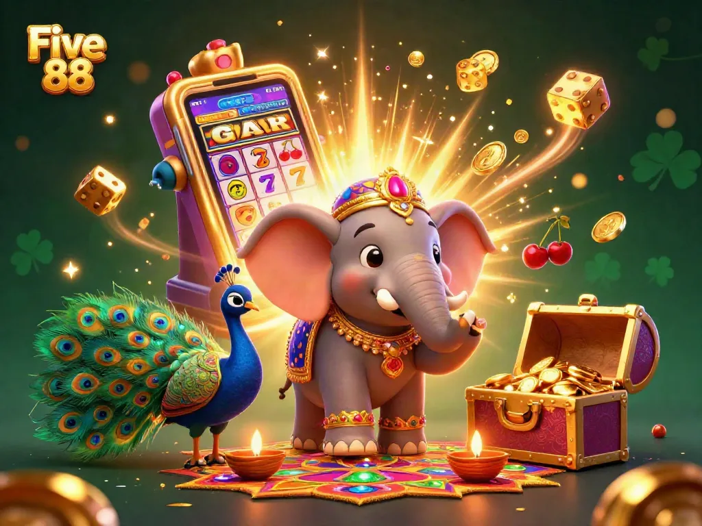 Experience the thrill at Five 88 with vibrant 3D casino characters and exciting games in a festive atmosphere.