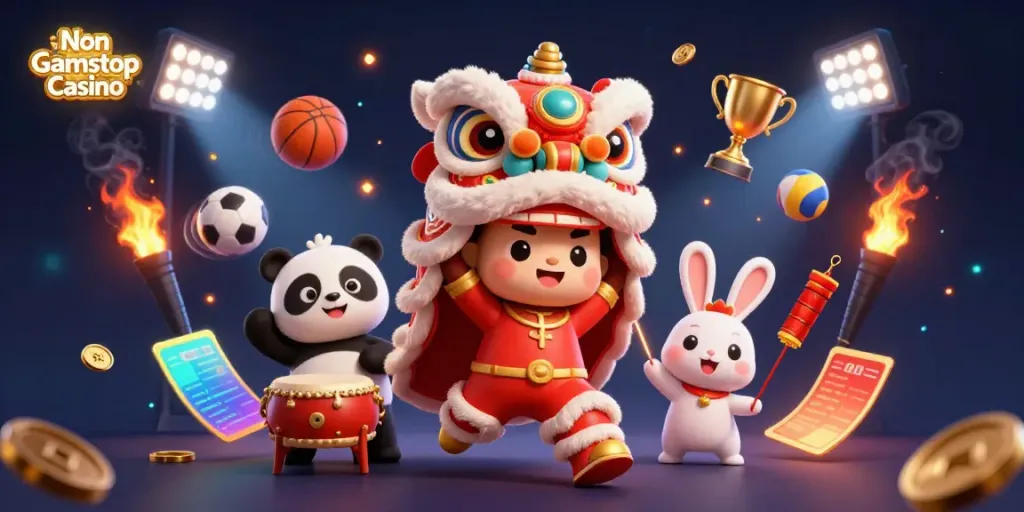 Engaging scene depicting a Non Gamstop Casino with vibrant cartoon characters and dynamic game elements.