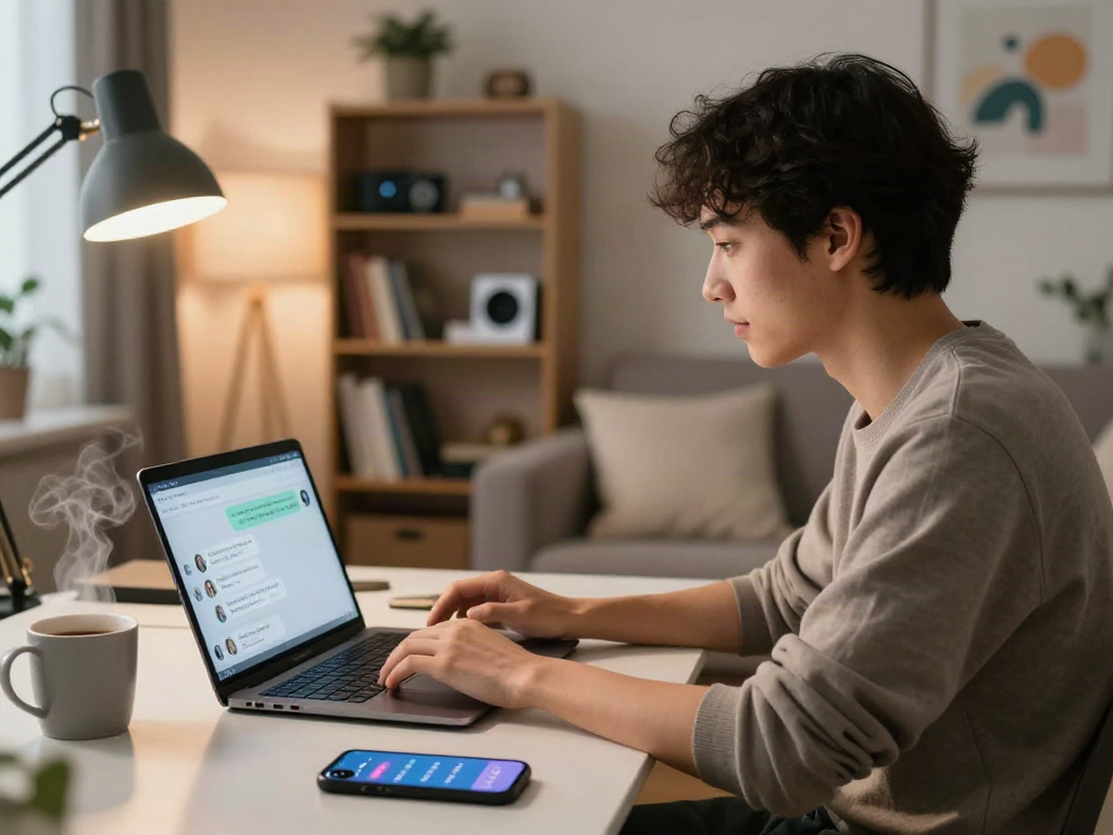 Engaging in NSFW AI chat within a cozy modern office setup, stylish laptop display.