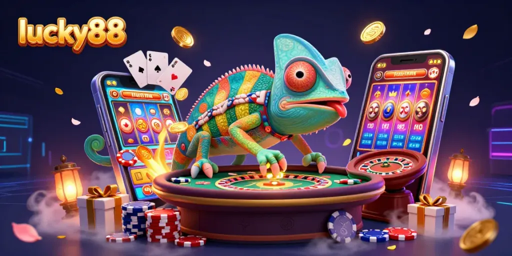 Engage with lucky88's vibrant gaming world, featuring a chameleon casino owner amidst dynamic slot games and rich casino elements.