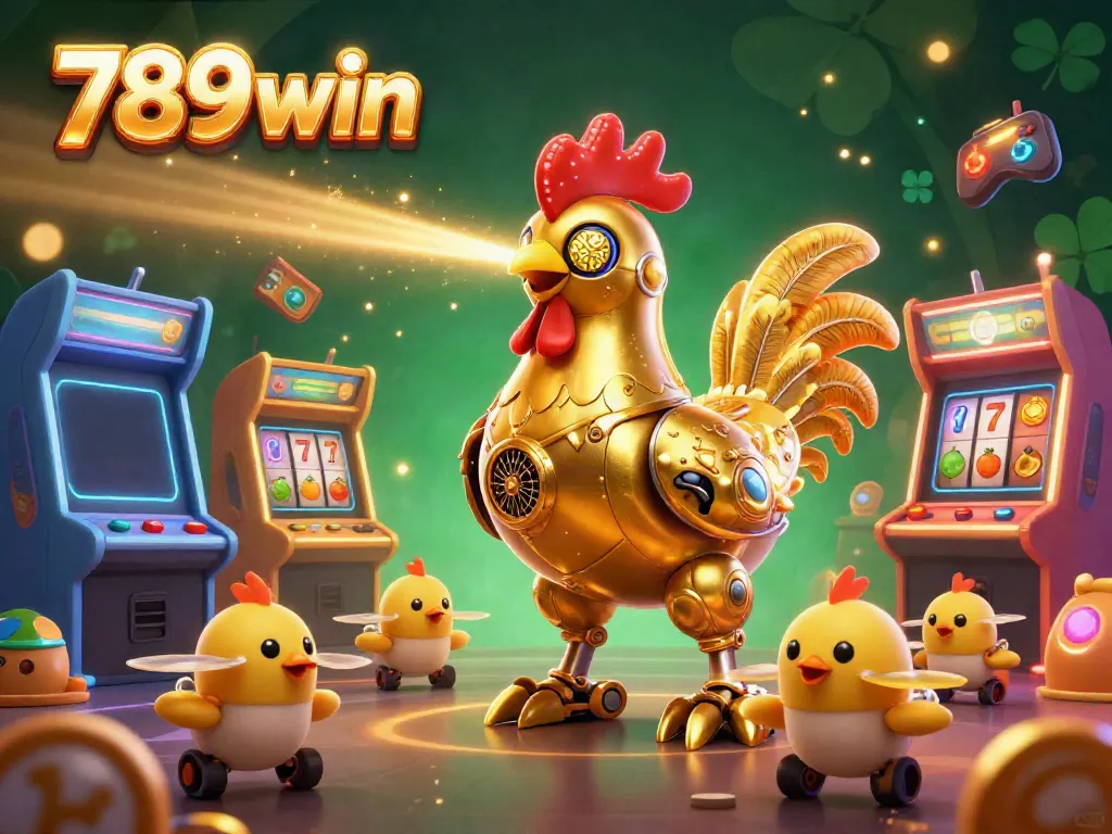 Engage with immersive 789win gaming visuals featuring a golden rooster robot and slot reels.