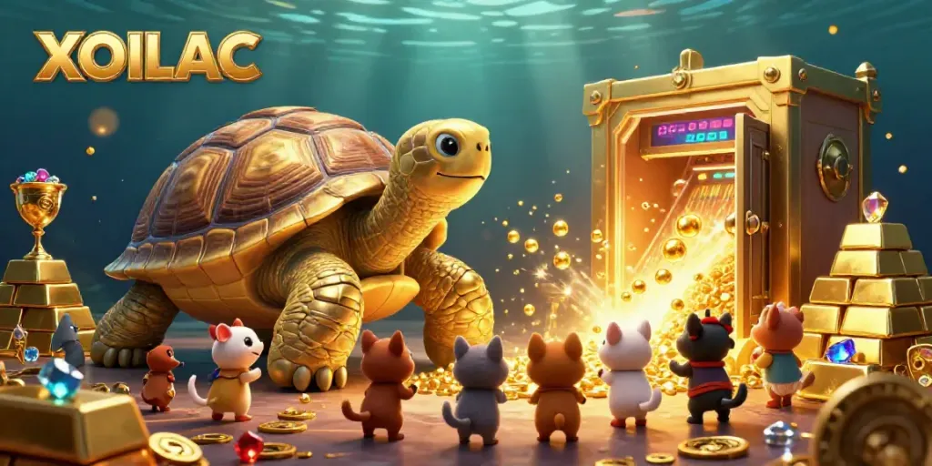 Experience the excitement of XOILAC in a dynamic gambling scene with golden treasures and scoring action.