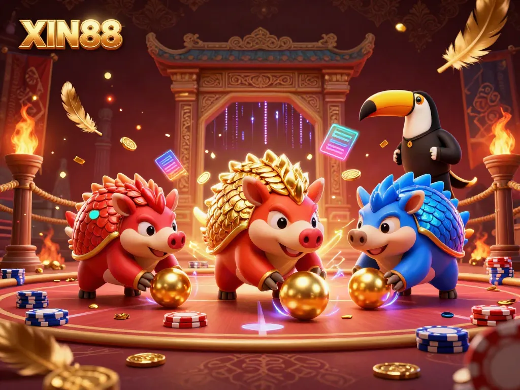 XIN88 pangolins compete in a vibrant casino scene with poker chips, gold coins, and energetic casino elements.