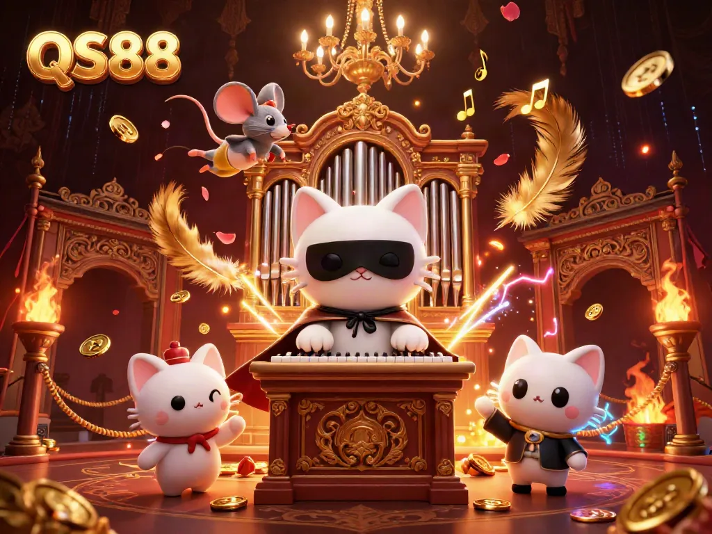 Engage with the thrilling QS88 casino experience showcasing a phantom cat at a pipe organ, surrounded by acrobatic elements and floating tokens.
