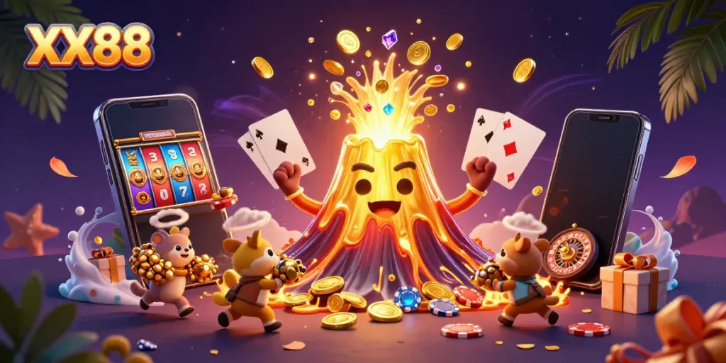 Experience the dynamic eruption of treasures in XX88's golden volcano, surrounded by exciting casino elements.