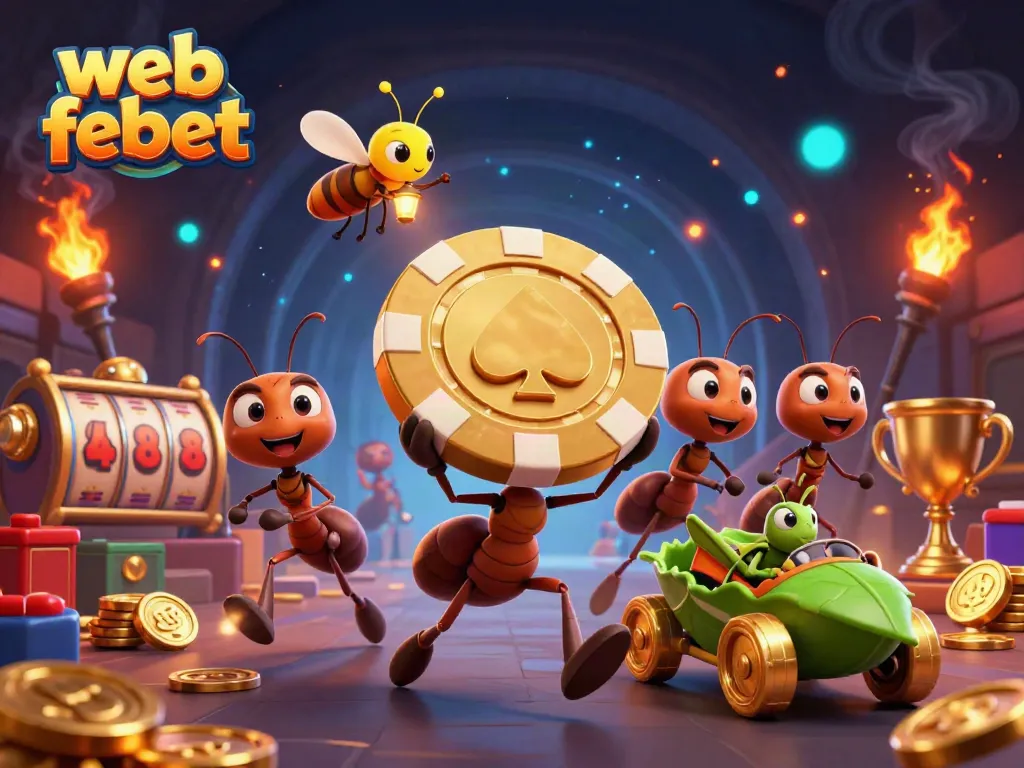 Engage in thrilling gameplay with web febet featuring a dynamic heist scene with ants, poker chips, and vibrant casino elements.