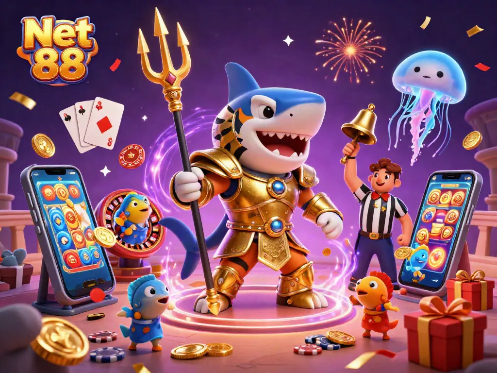 Engage in thrilling gambling action with Net 88 featuring a vibrant 3D casino scene with animated characters and exciting game elements.