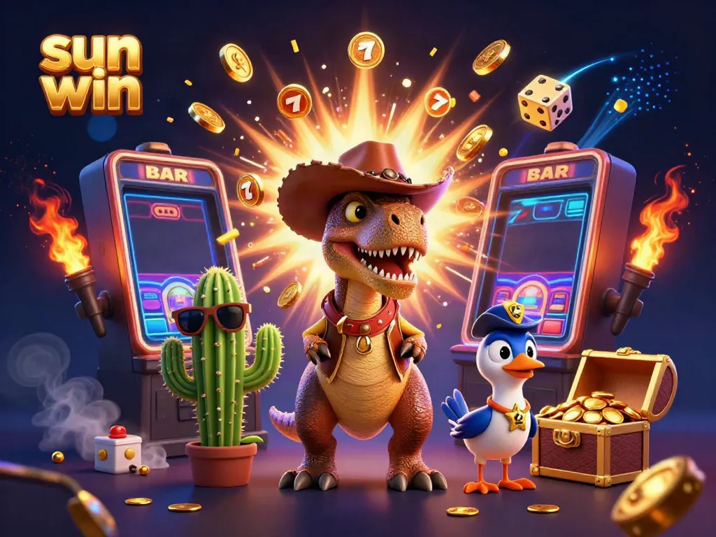 Experience sun win at this vibrant casino scene featuring a cowboy dinosaur and dynamic slot machine!