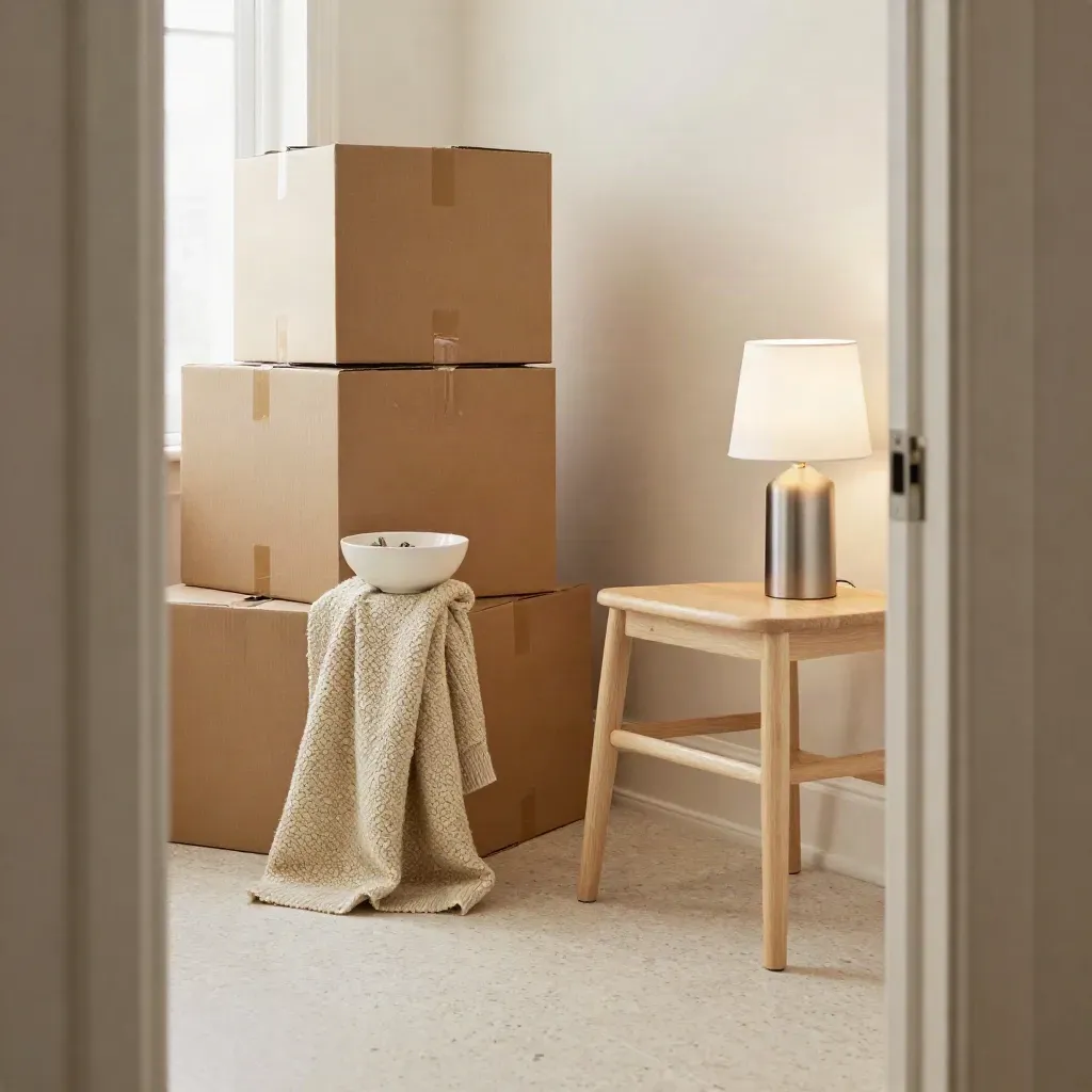 Relocation setup with moving boxes, keys bowl, wool throw and lamp in soft daylight