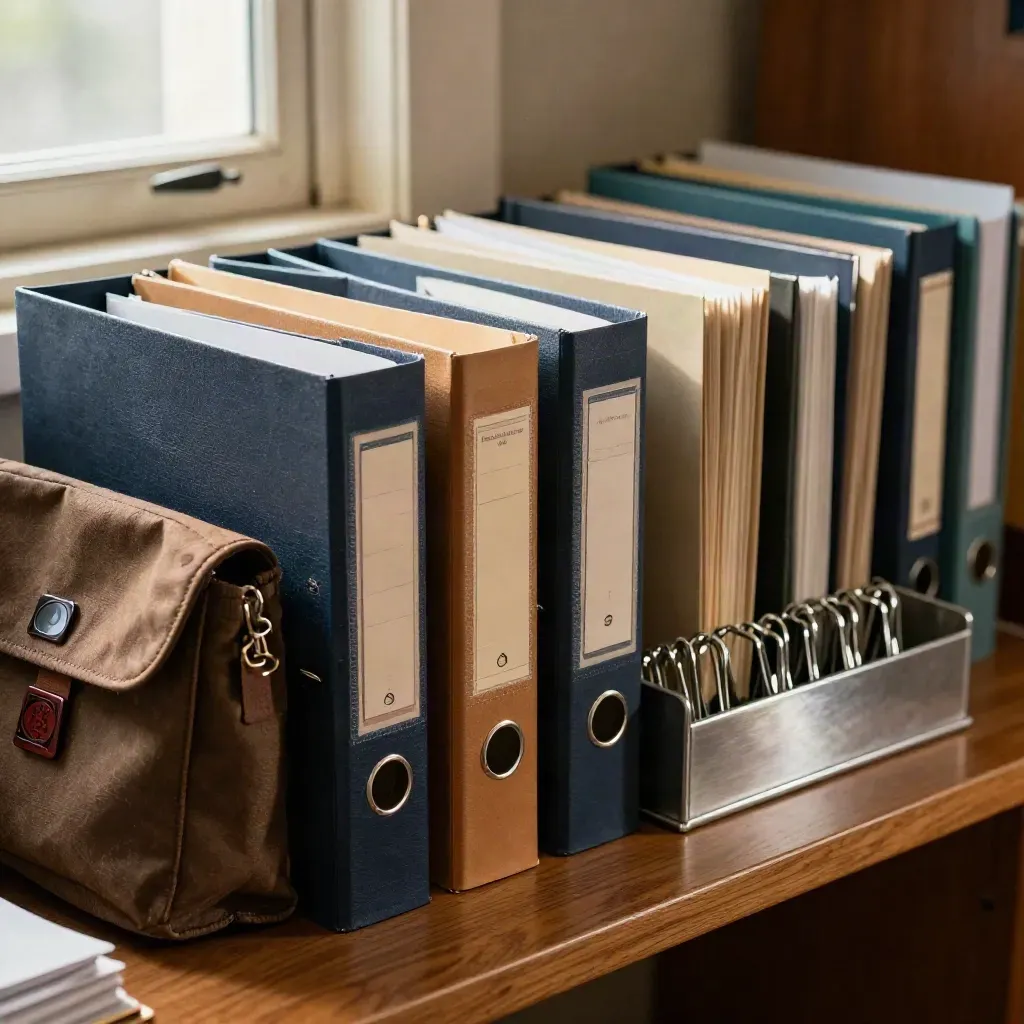 Macro of binders, folder, courier pouch and clip tray aligned on a warm oak filing ledge.