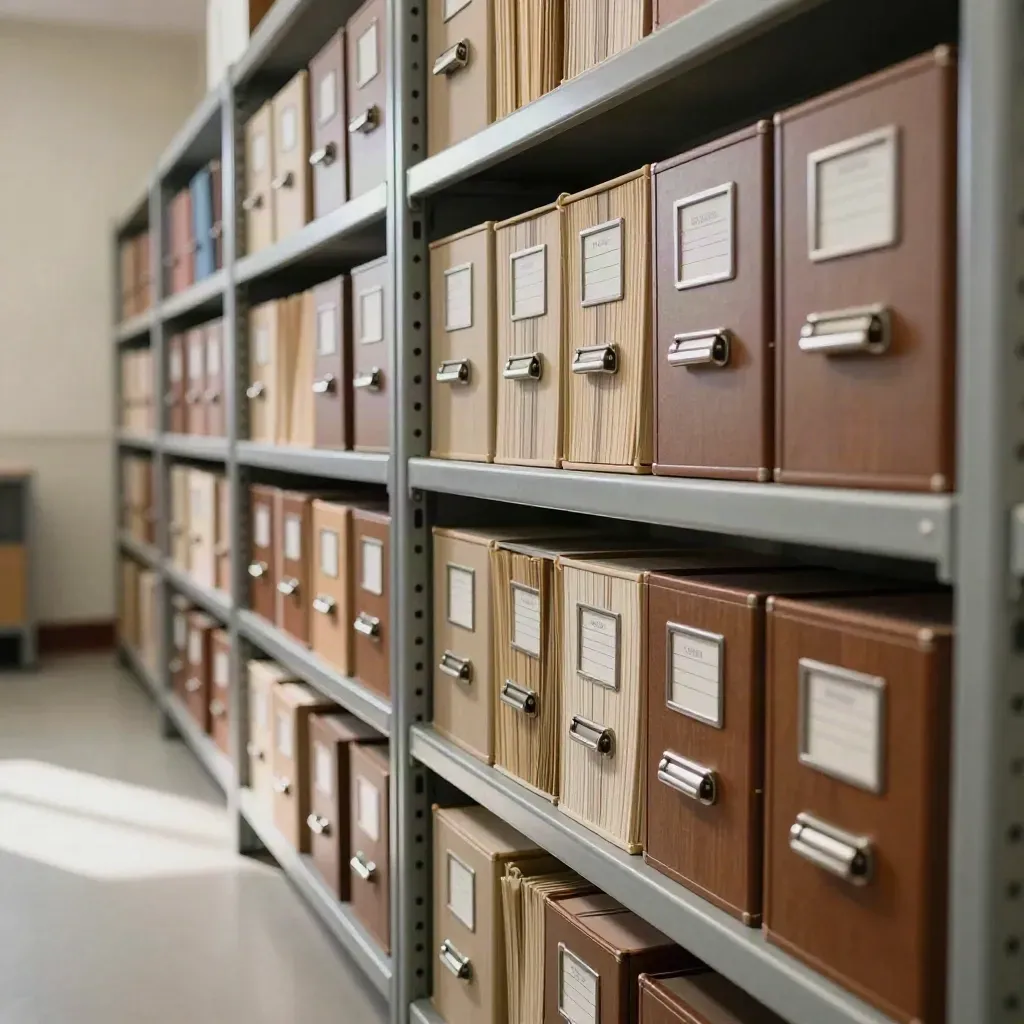 Locked archive boxes on steel shelving in a clean immigration compliance room