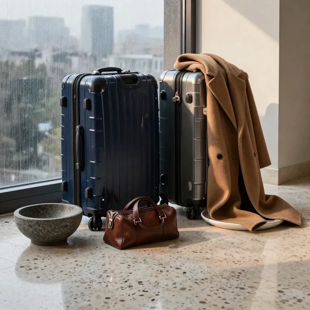 Dawn relocation scene with suitcases, key bowl, coat, and city skyline by rain-streaked glass.