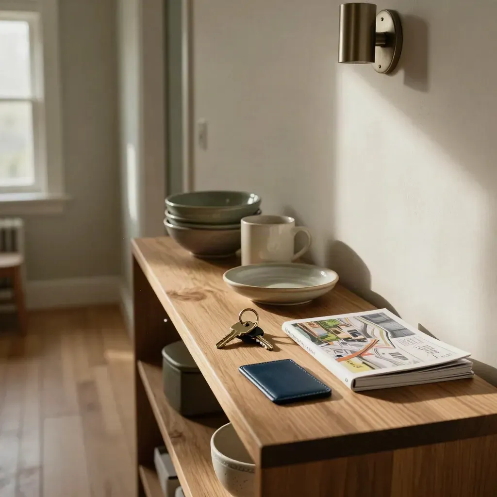 Apartment keys, transit sleeve, city guide and kitchen ceramics on a hallway console in warm window light.