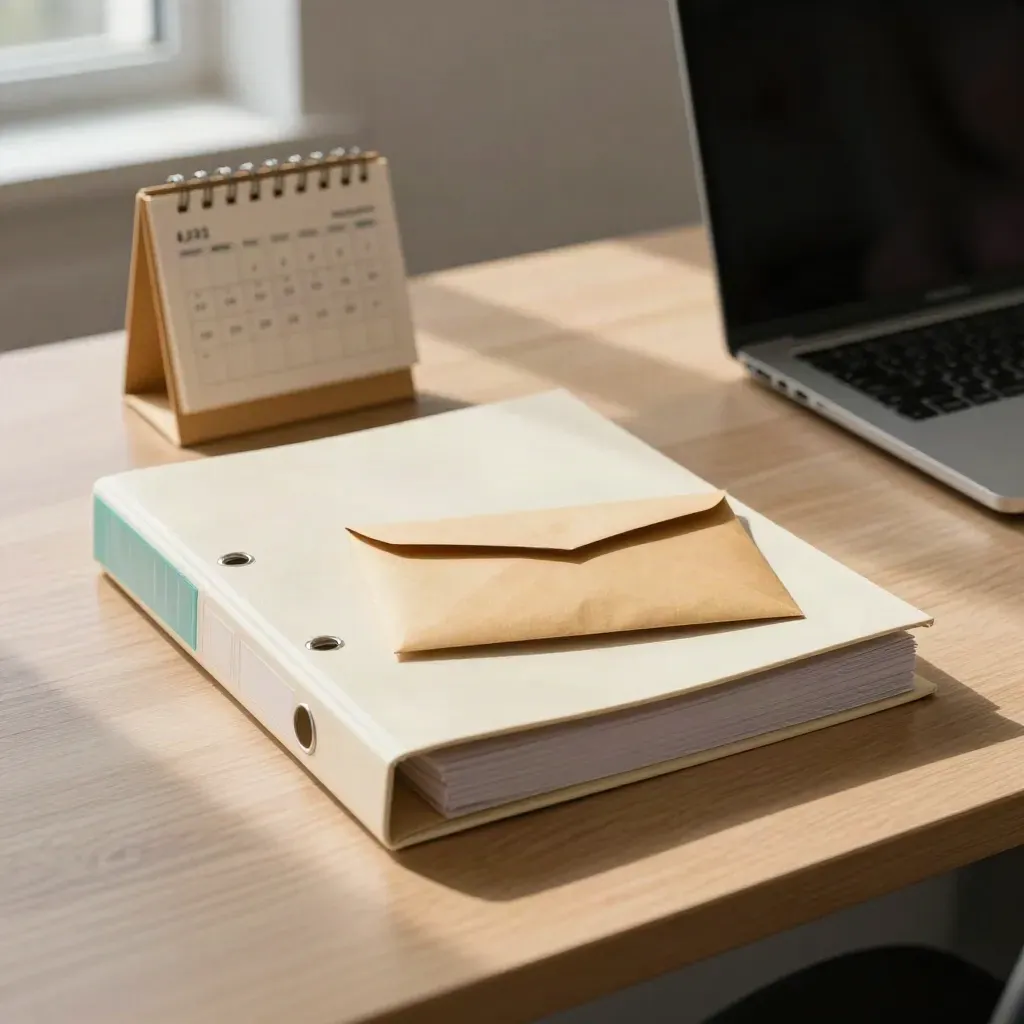 Warm sponsor-licence support desk with binders, courier envelope, calendar block and closed laptop.
