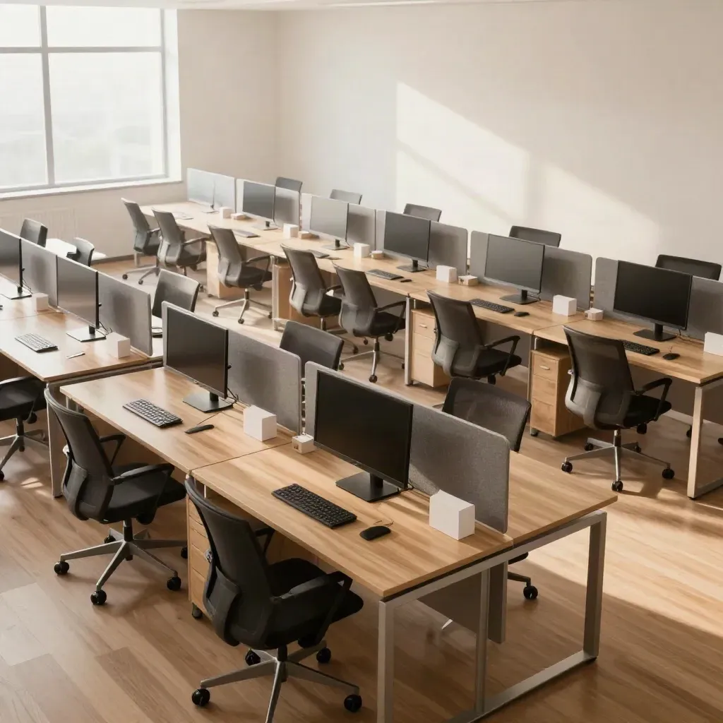 Empty fintech office floor with 18 desks, chairs, off monitors and welcome kits ready