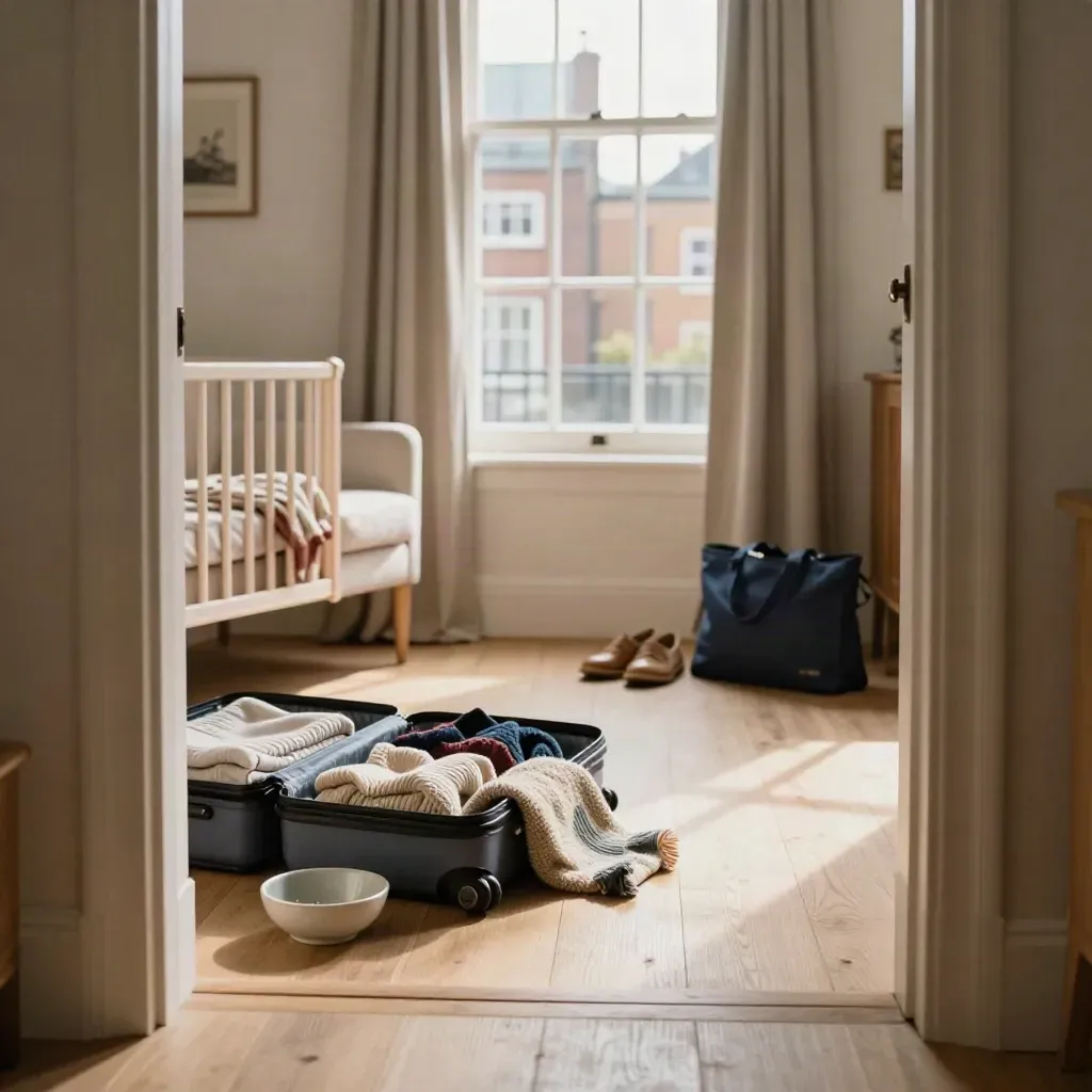 Open suitcase, key bowl and folded cot blanket in a ready London flat by a bright city window.