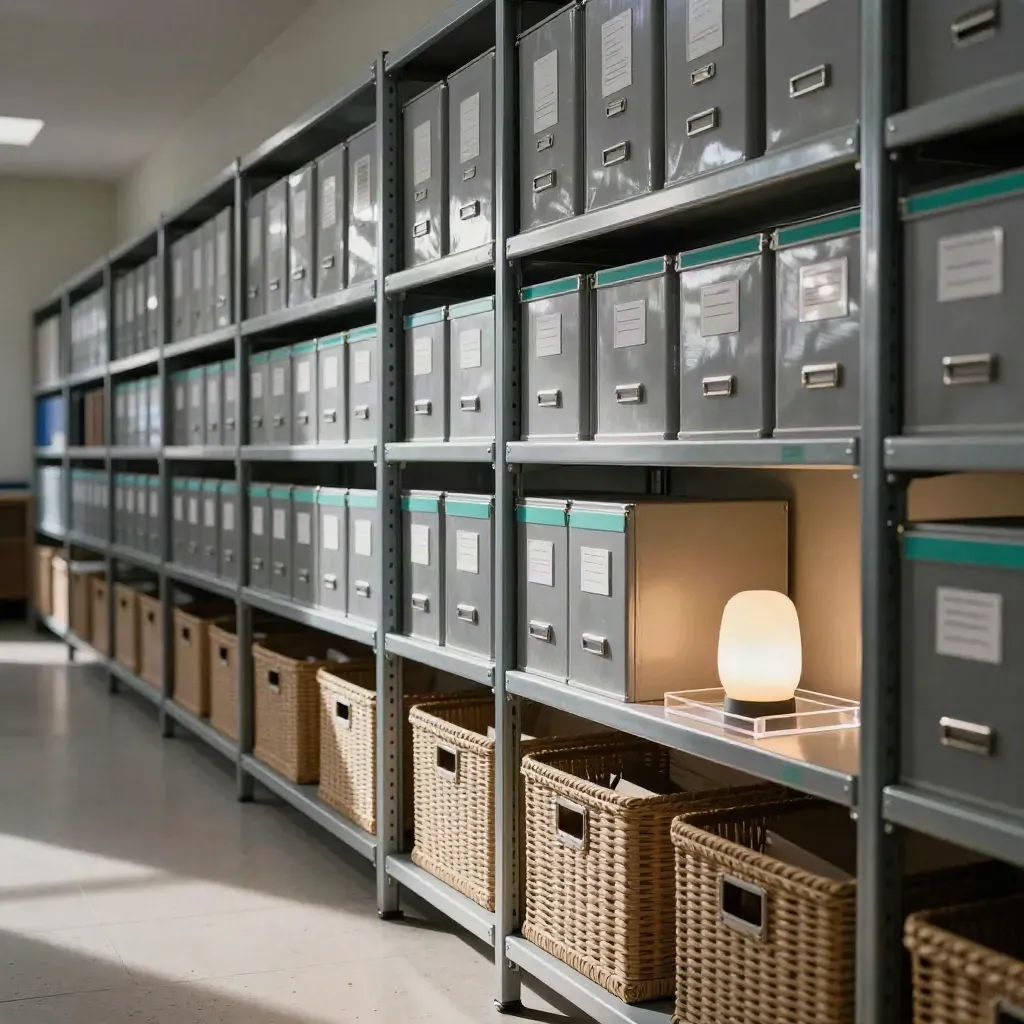 University records room with sealed archive boxes, binders and a glowing desk lamp.