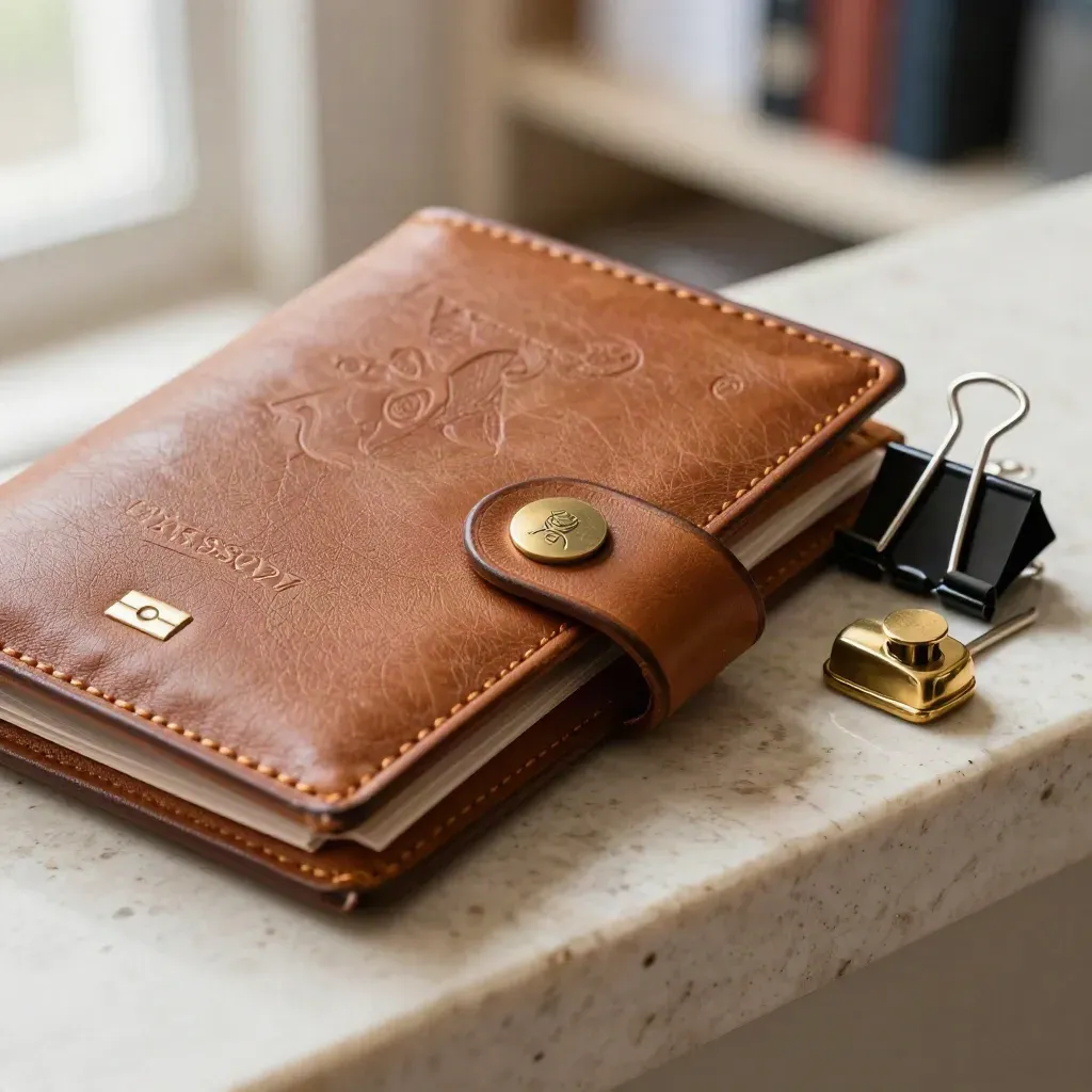Macro still life of passport wallet, notary seal, binder clips and brass desk weight