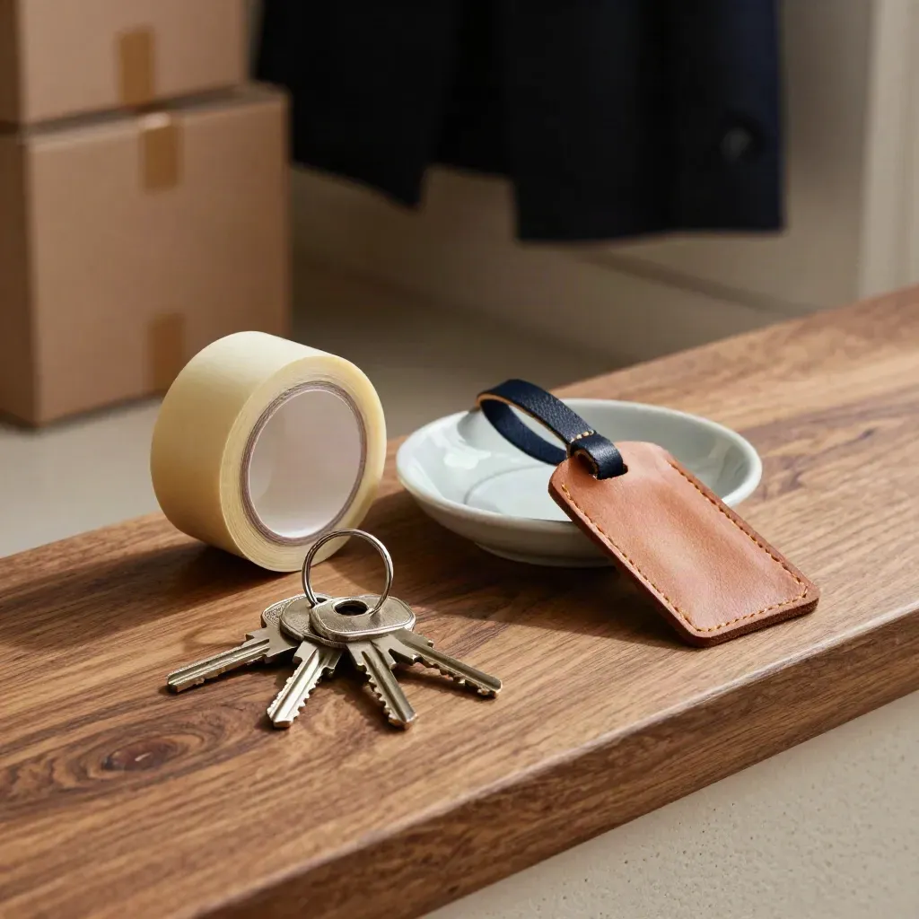 House keys, tape roll, porcelain dish and reversed luggage tag on a stone entry ledge.