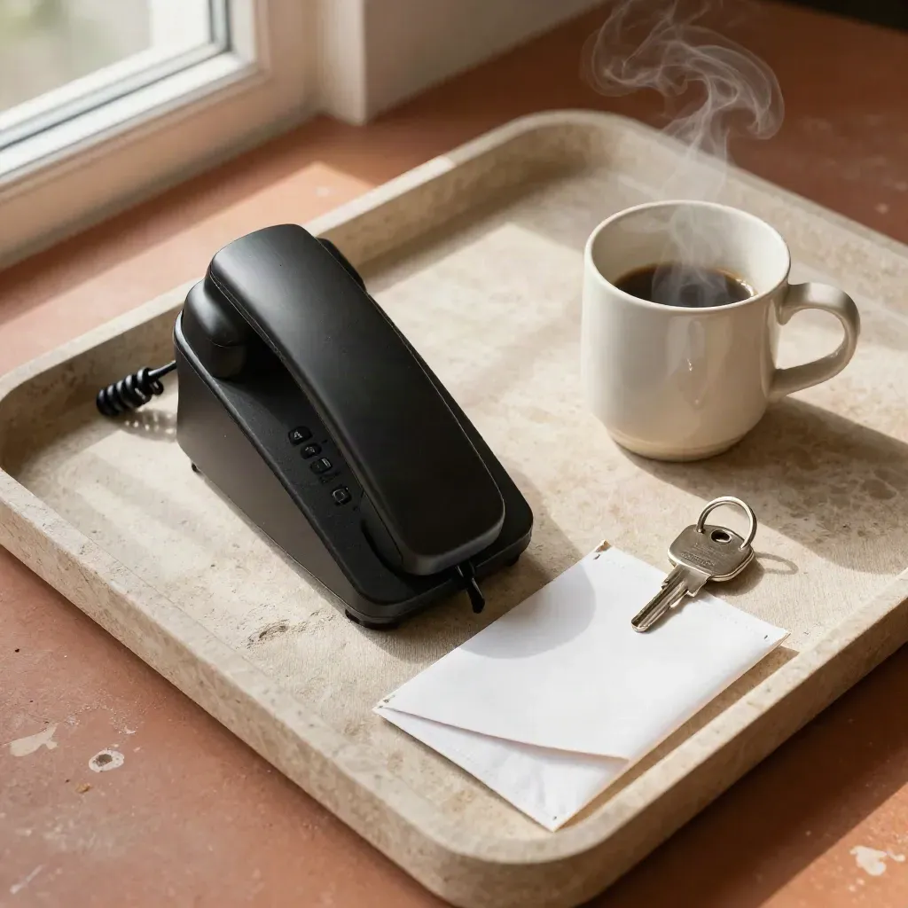 Flat lay of a cordless phone cradle, courier pouch, steam mug and keys on terracotta stone.
