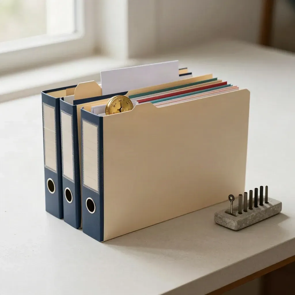 Three folders, divider tabs, and a brass route tray on a pale plaster sweep.
