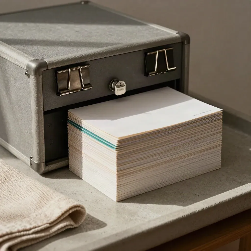 Stone archive box with clips, pegs, and face-down cards on a concrete tray.