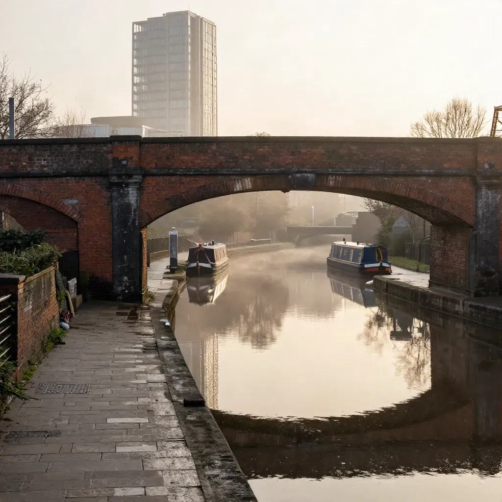 Birmingham canals at golden hour with brick viaducts, mist and modern towers above calm water.