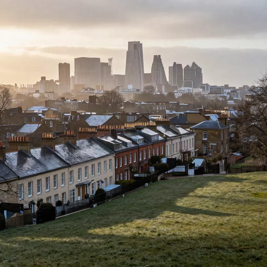 Misty London skyline from Primrose Hill above wet rooftops at sunrise
